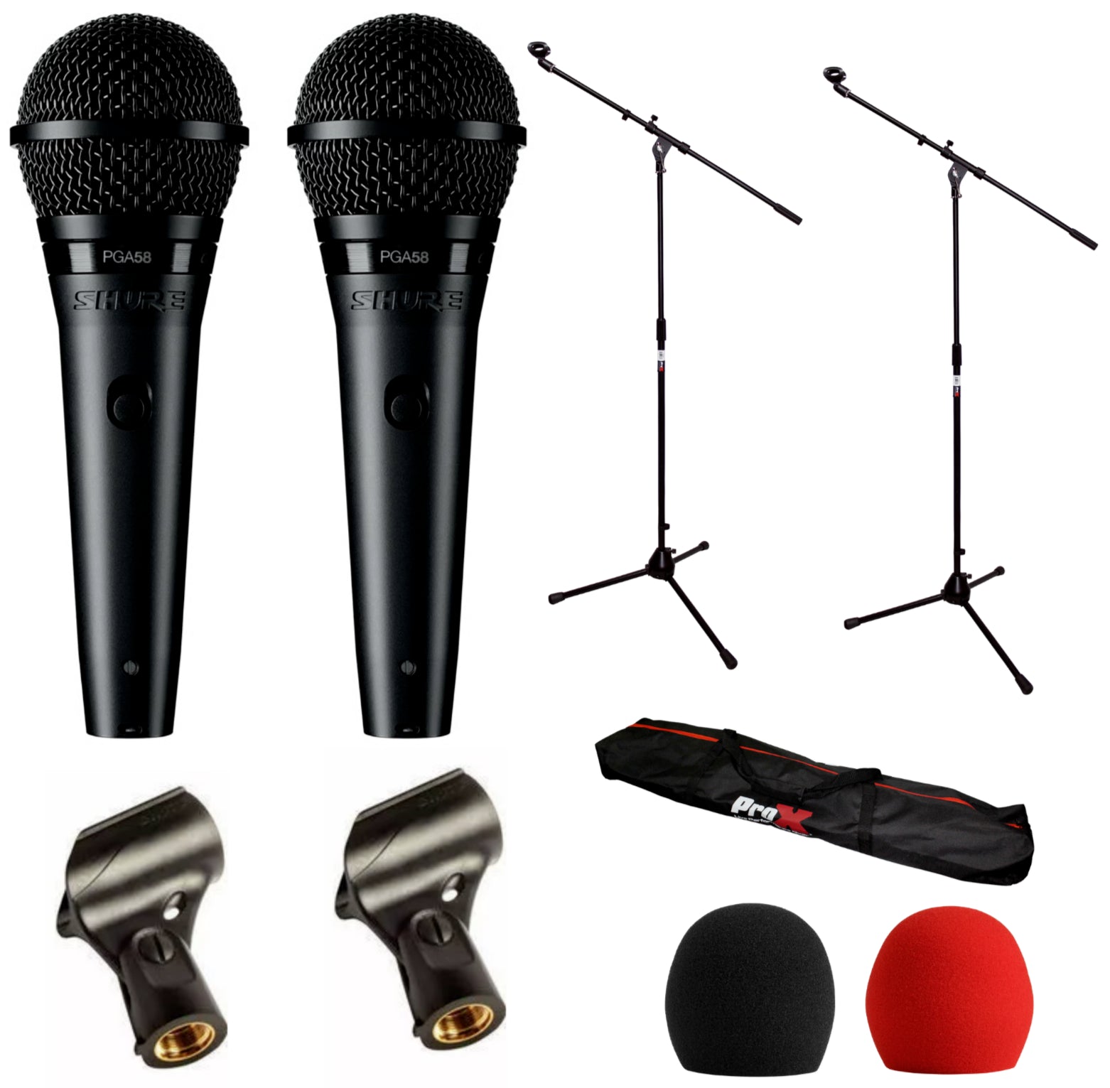Shure PGA58-LC 2 micrófonos Con Clip + 2 Soportes T-MIC01, Bolsa De Transporte T-SS26P-BAG, 2 Protectores Antiviento A58WS (Negro y Rojo).