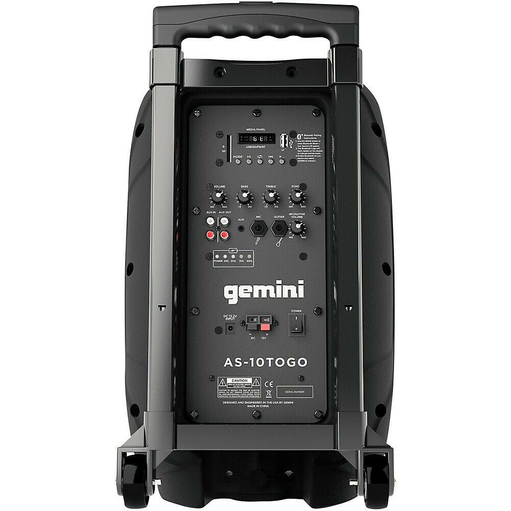Gemini AS-10TOGO 10" Portable Battery Powered BLUETOOTH Speaker Wired Microphone