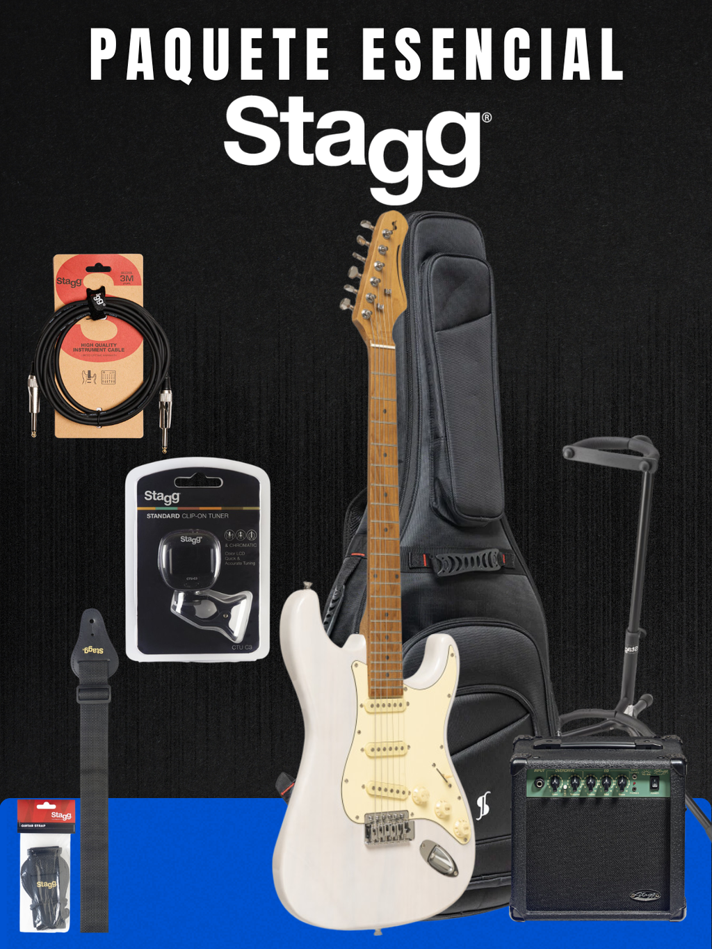 Stagg SES-55 WHB Guitarra Eléctrica Paquete Esencial