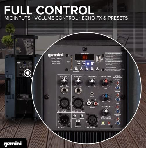 Gemini GSP-L2200PK 15" Woofer with 2" Voice Coil Bluetooth Speaker With LED Lights